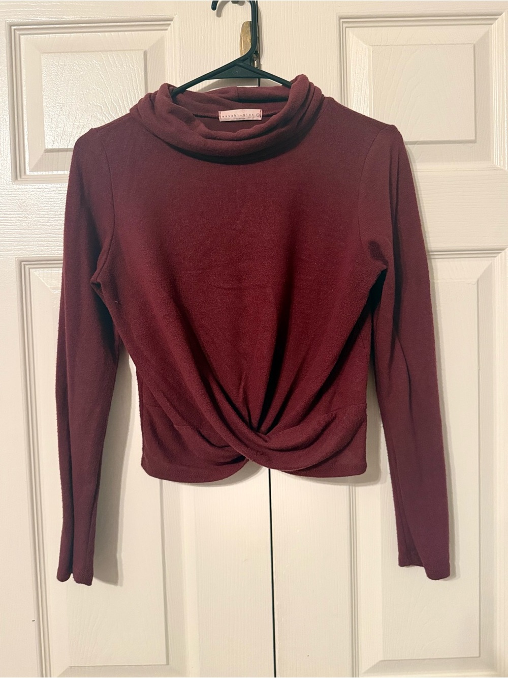 Cowl Neck Twist-Front Long Sleeve Top - Wine